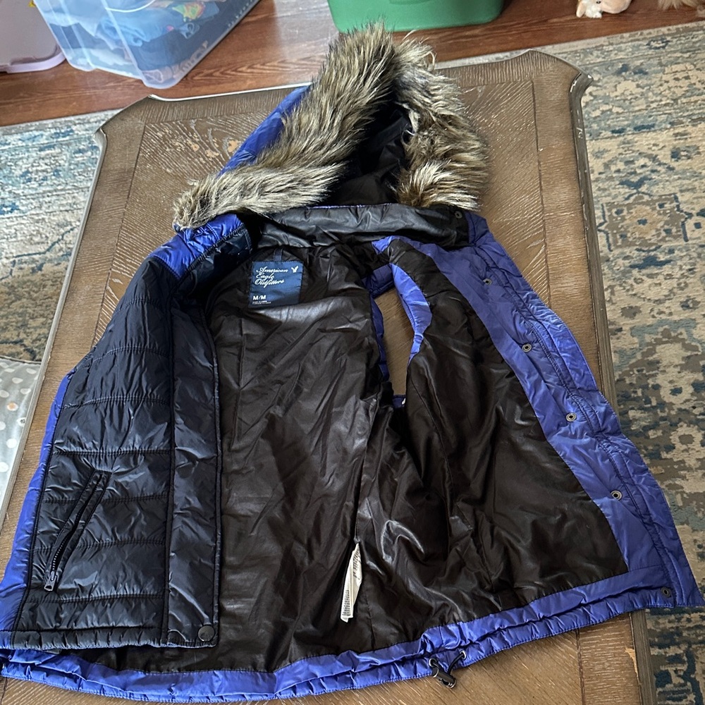 American Eagle Outfitters Blue Girls' Puffer Jacket with Faux Fur Hood